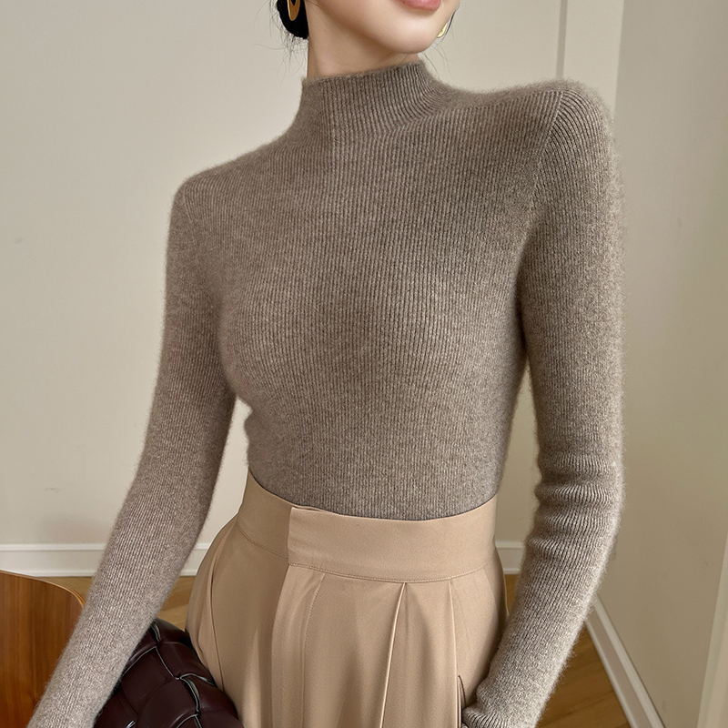无缝一线成衣~100纯山羊绒衫女士半高领修身时尚百搭打底衫211213