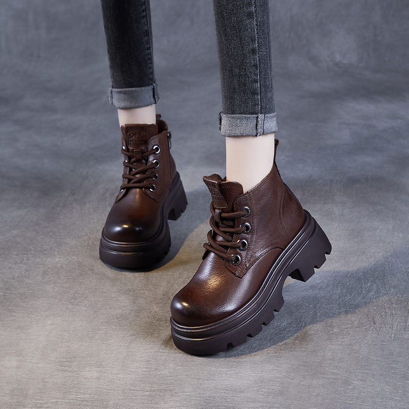 老张手工头层牛皮小短靴女2025年秋冬厚底马丁靴英伦复古增高靴女