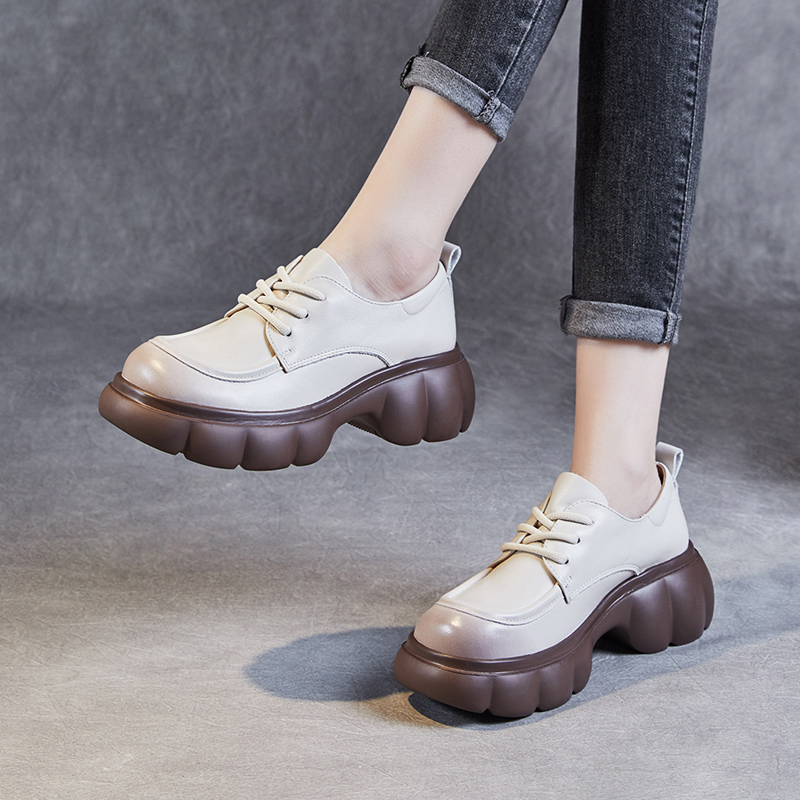 【老张手工】2025年春季新款米色真皮系带松糕底乐福鞋百搭深口单鞋