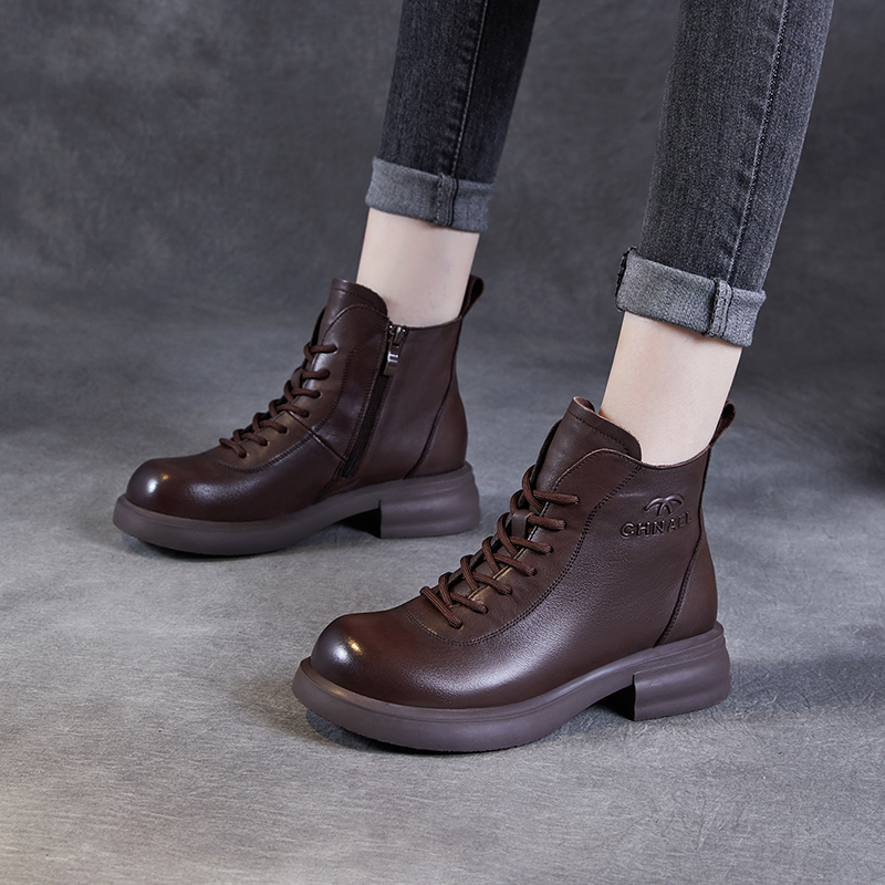 【老张手工】头层牛皮马丁靴女2025新款秋冬真皮粗跟短靴英伦风单靴