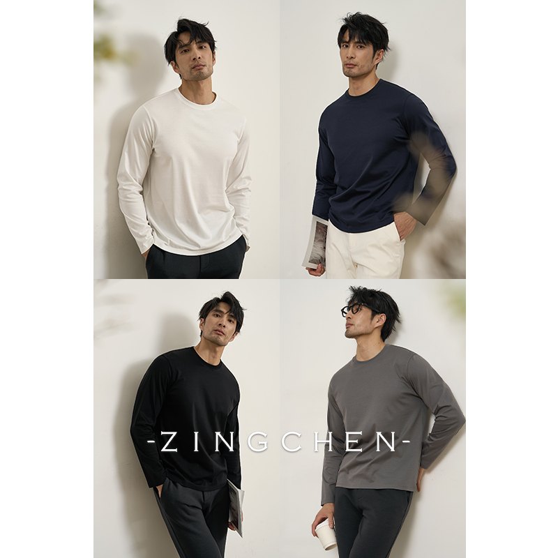 ZINGCHEN桑蚕丝长袖T恤男 春秋光泽质感纯色白色圆领打底衫
