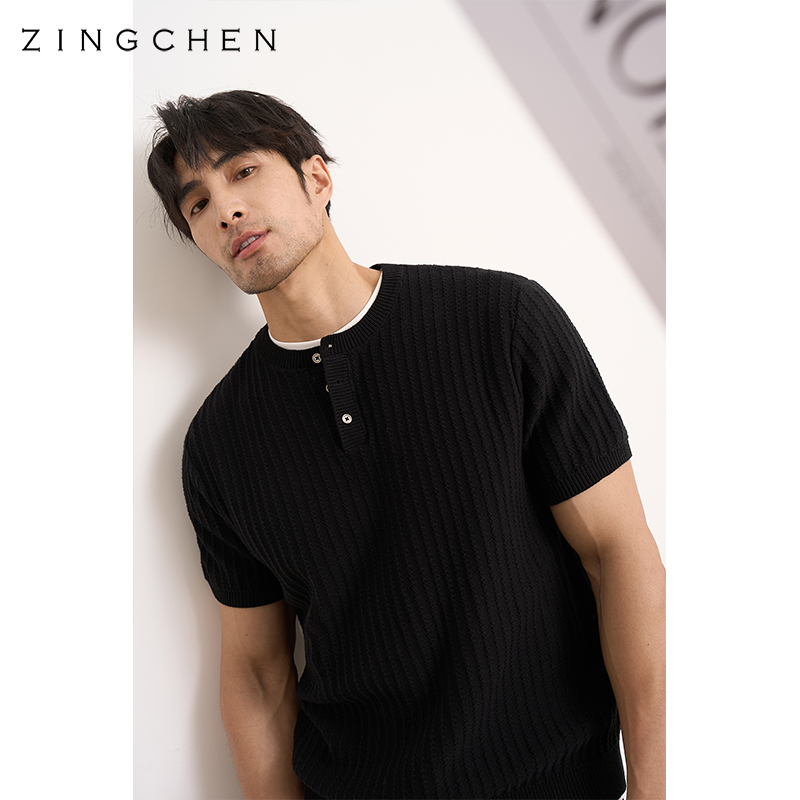 【重工六股长绒棉】ZINGCHEN硬汉亨利领T恤男士廓形休闲短袖轻奢