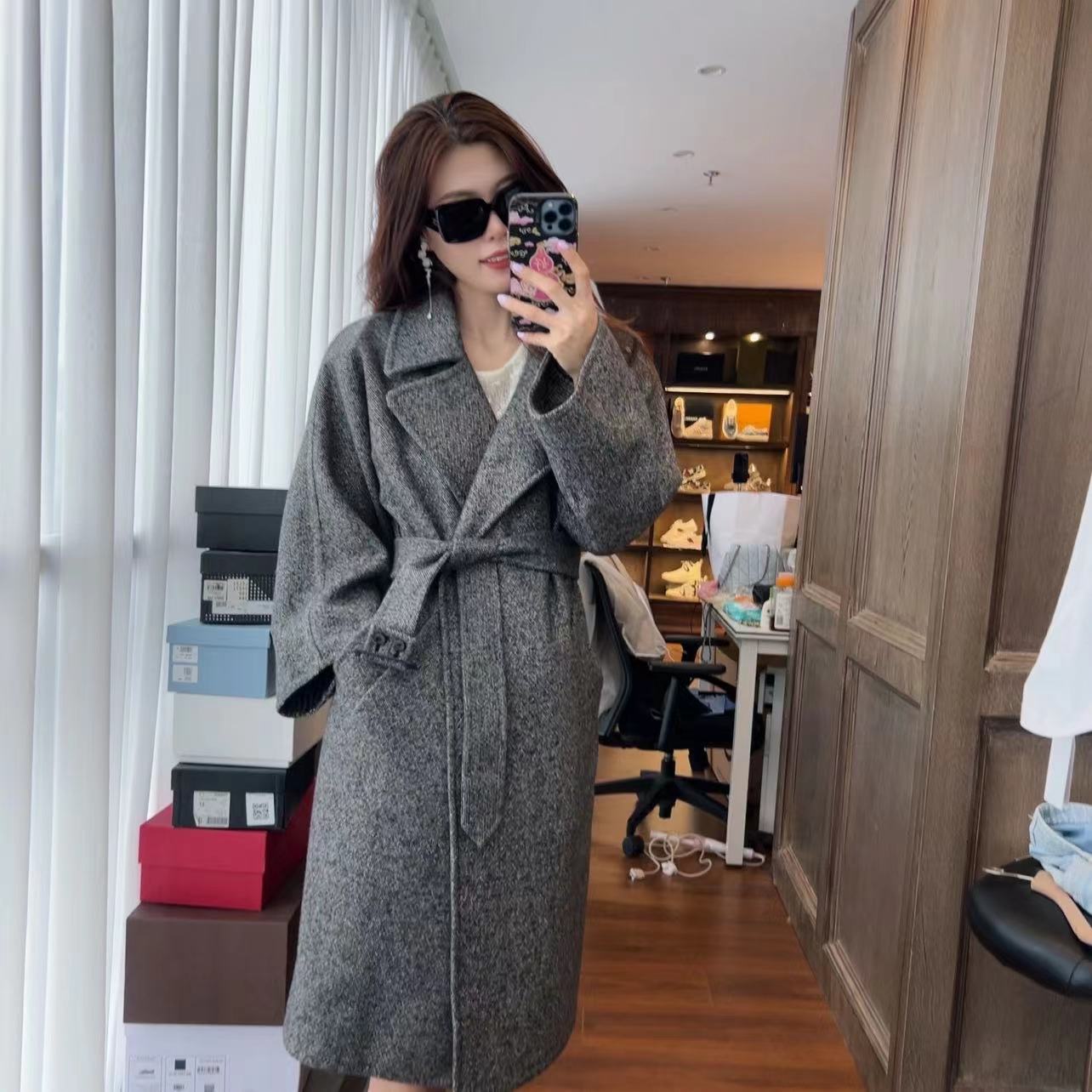 95新 MaxMara 麦殿/羊毛中长款灰色大衣/240414HWX3H11