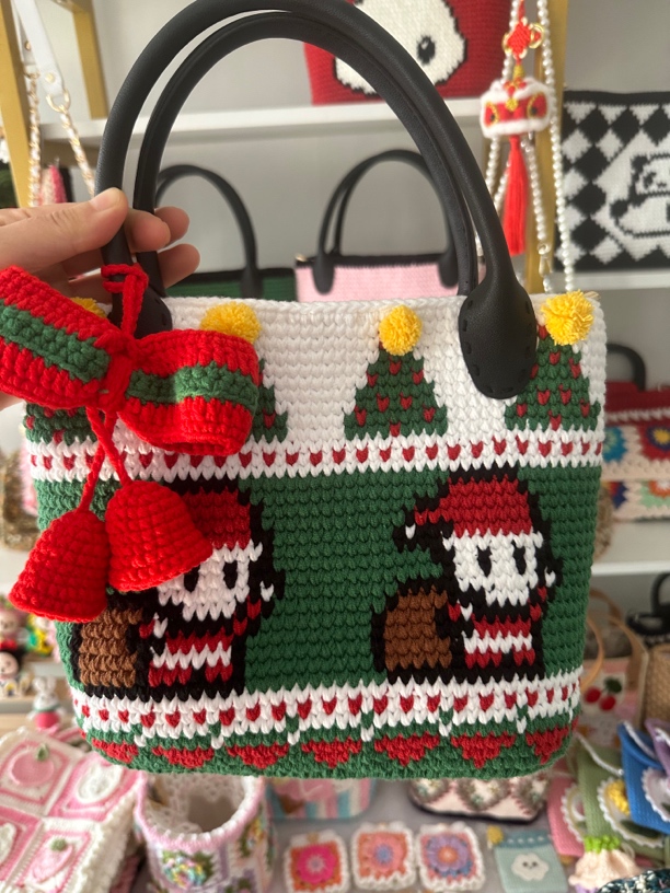 圣诞手提包，纯手工钩织