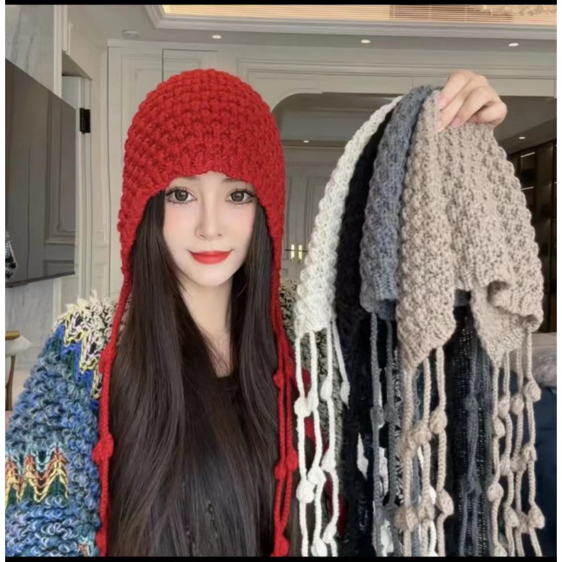 2023秋冬季百搭韩版新款手工款流苏球球帽潮时尚保暖女款包头帽子