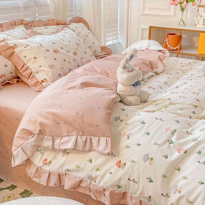 花田新款全棉花边印花四件套韩式单人少女心