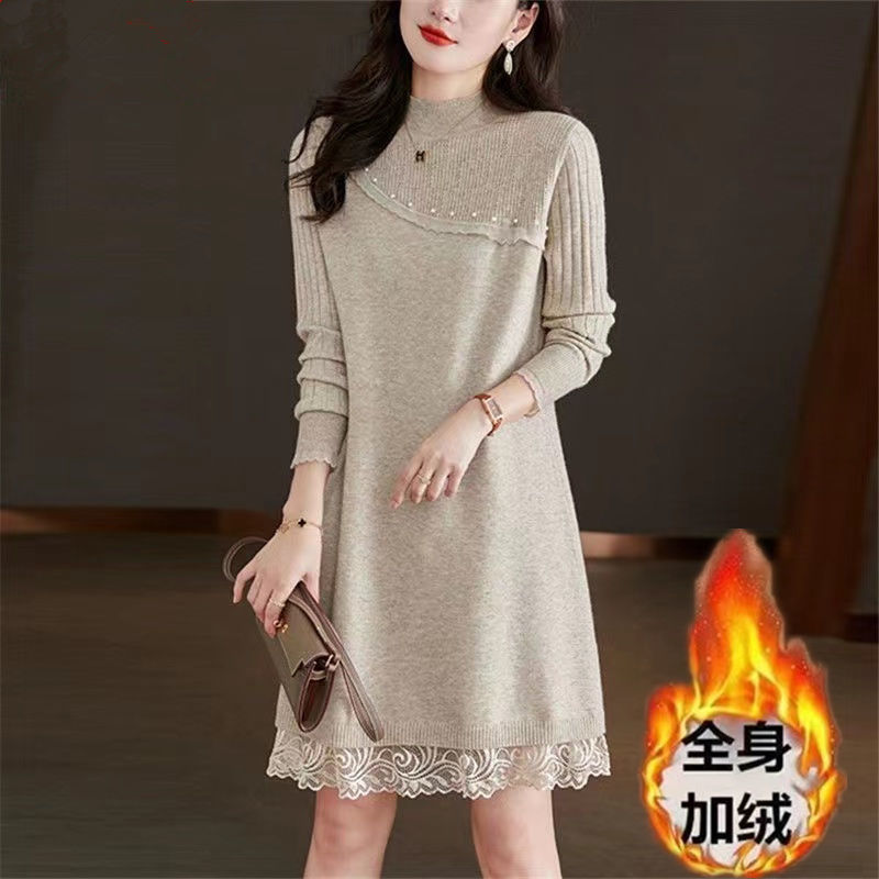 加绒秋冬季打底连衣裙女内搭小个子毛衣裙中长款配大衣的打底毛衣