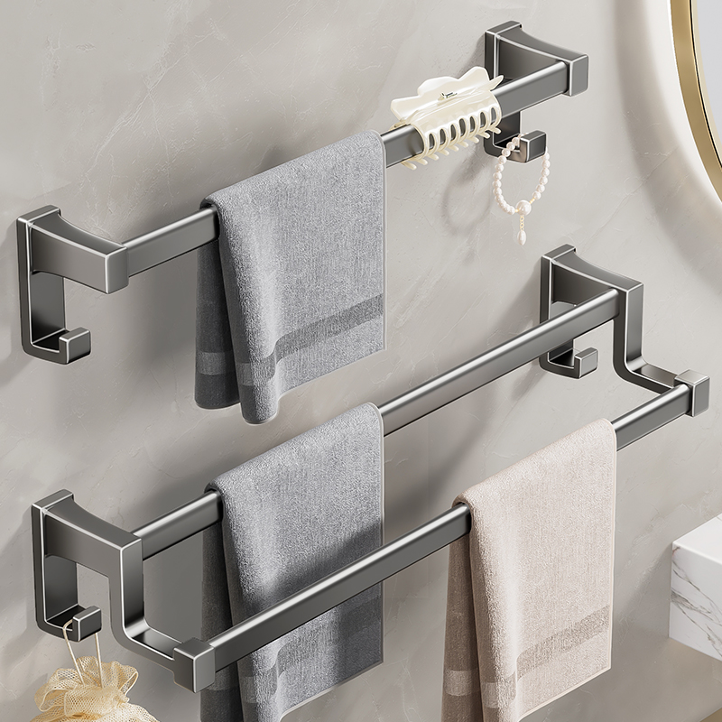 多层毛巾架卫生间免打孔创意毛巾挂杆挂式灰色加厚简约毛巾杆双杆