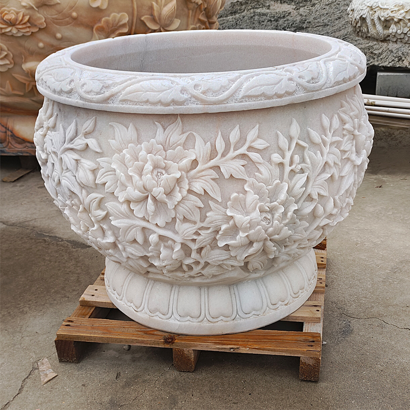 汉白玉花盆石缸石雕鱼缸花盆庭院流水摆件石头圆花盆石槽门海园林