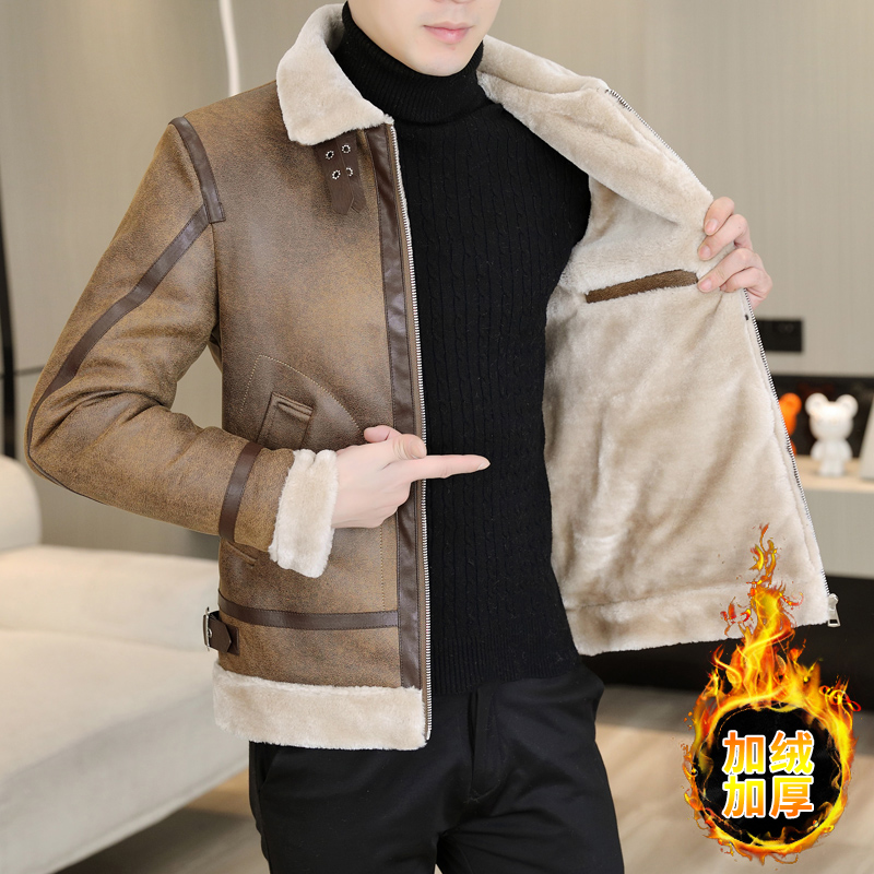 啄木鳥秋冬季鹿皮绒夹克男加绒加厚高级感帅气潮流短款外套冬装保