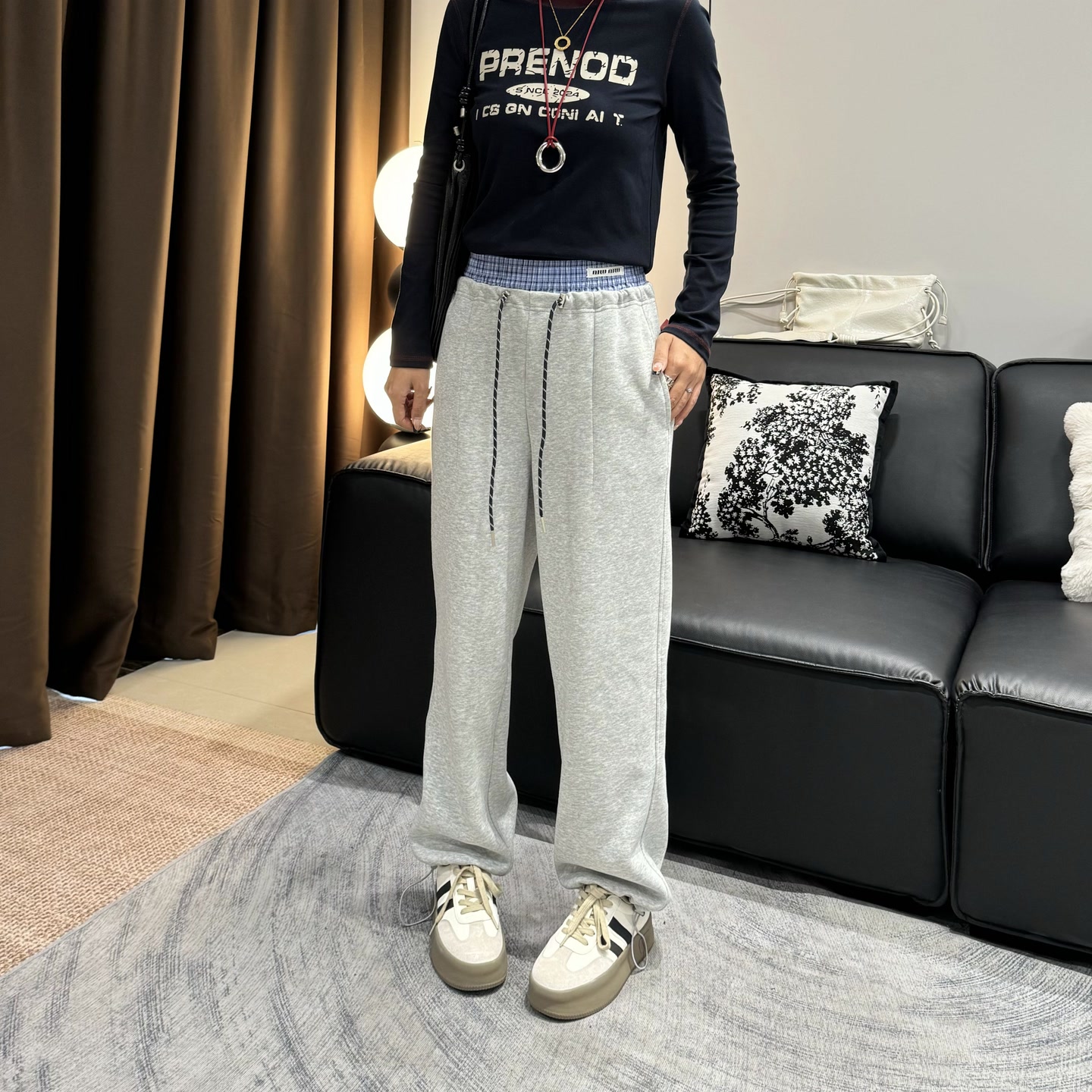 （双双家）十三行新款腰拼接百搭休闲脚口抽绳可调节卫裤XHN3062