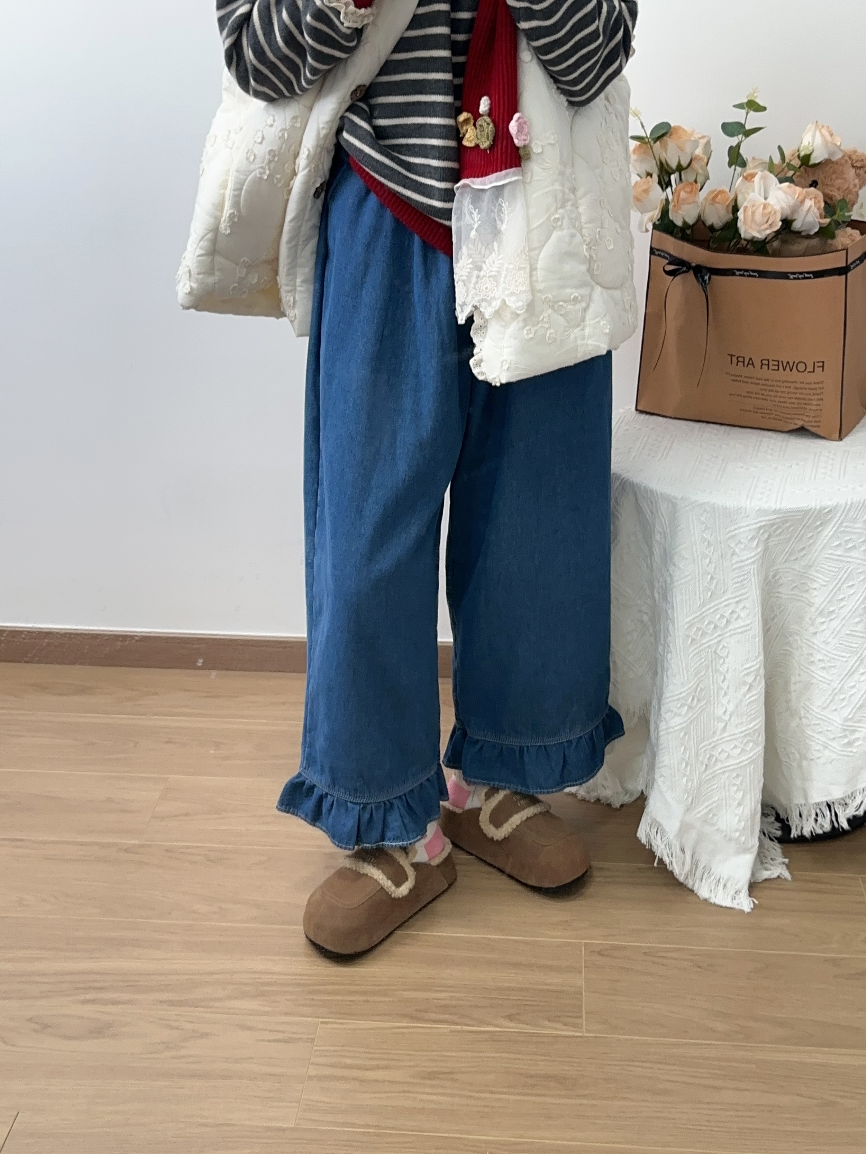 可衣-【荷叶边加绒】森系冬季新款加绒牛仔花边裤净版