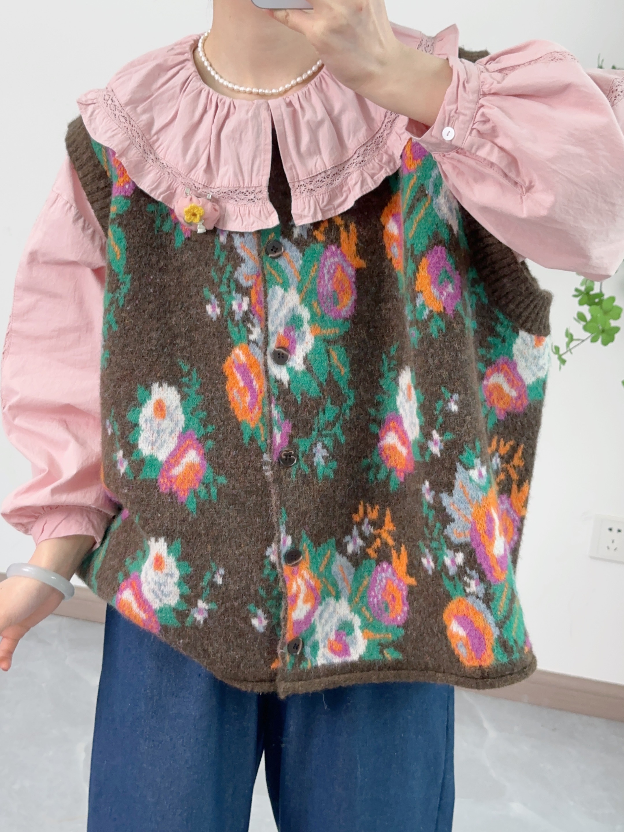 可衣-【柳暗花明】2024新款文艺复古绵羊毛开扣马甲宽松