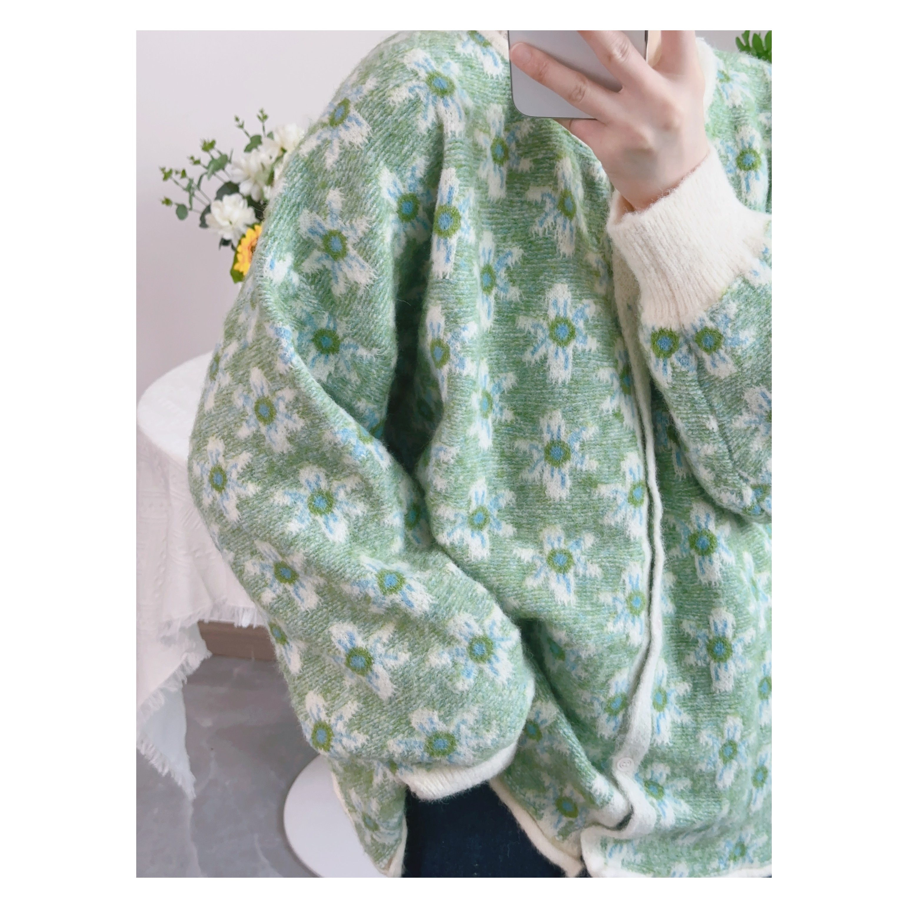 可衣-【生机勃勃】秋冬新款加厚绿色花朵长袖外套甜美