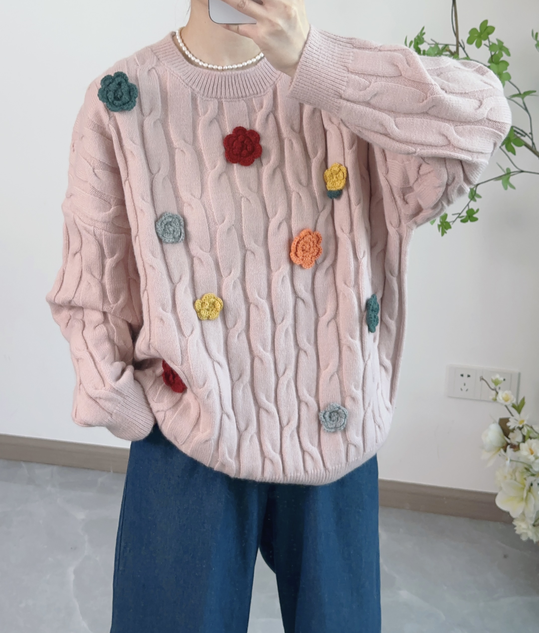 可衣-【花朵毛衣】23秋冬新款加厚手工花朵套头毛衣保暖