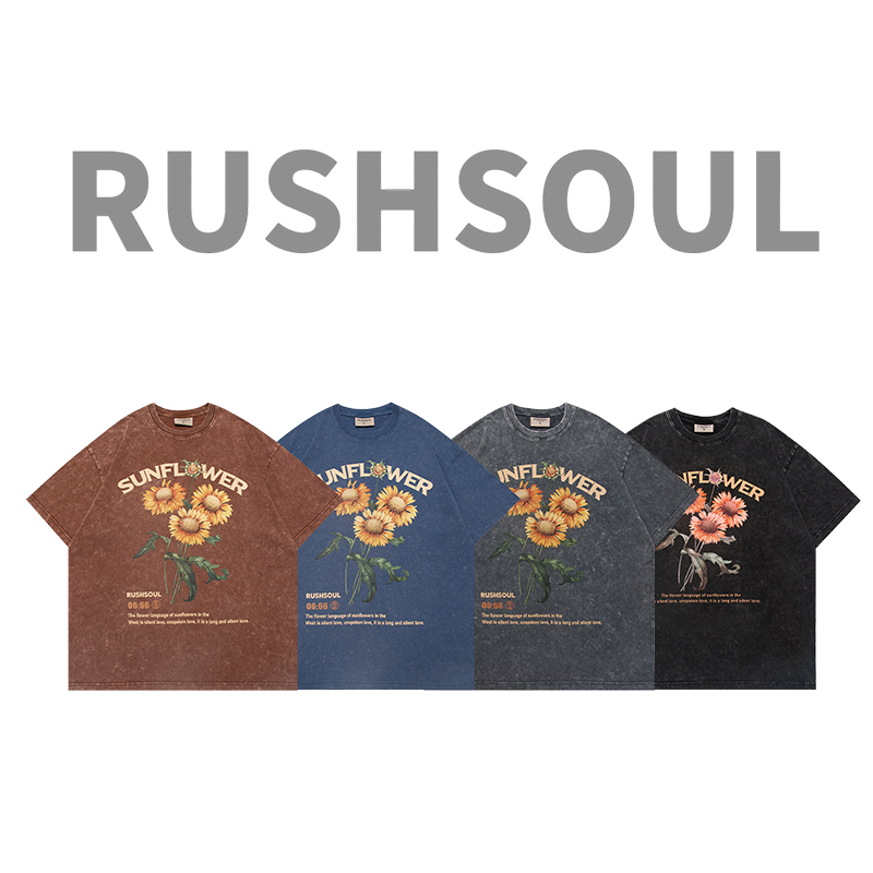 RUSHSOUL 向日葵炒色水洗印花纯棉休闲宽松男女潮牌上衣短袖t恤