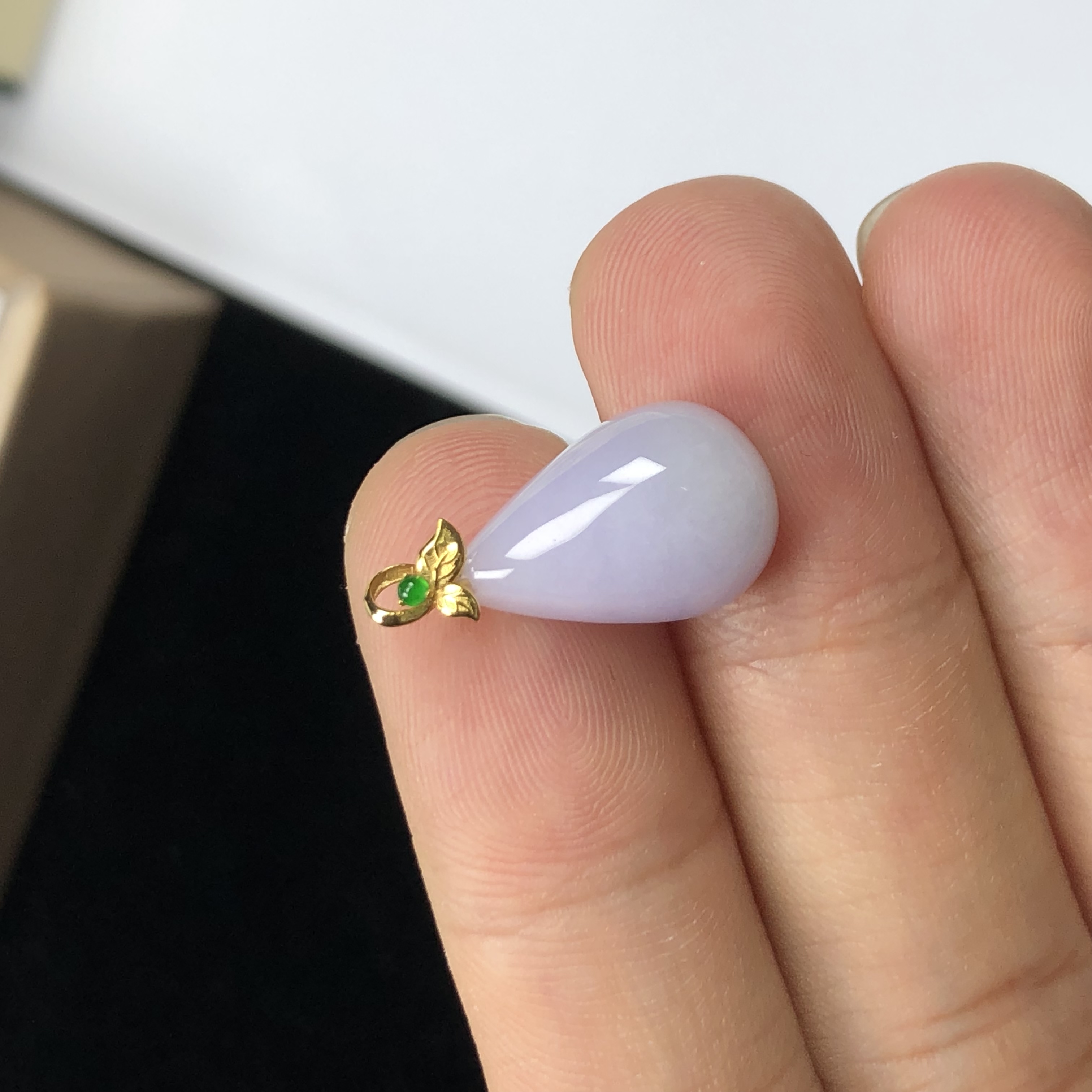 天然缅甸A货翡翠 冰紫水滴吊坠 18K金镶嵌挂坠 女士精美锁骨坠