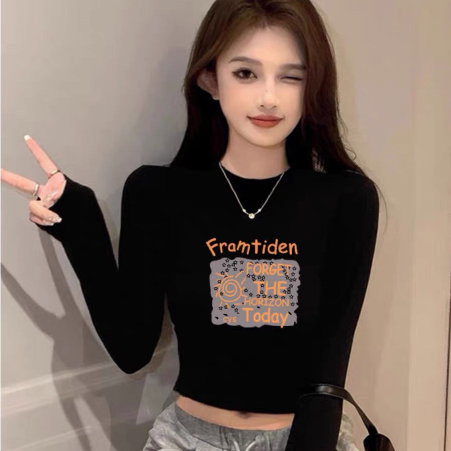 洋气修身百搭打底衫别致正肩小个子长袖T恤女短款高腰上衣服黑色