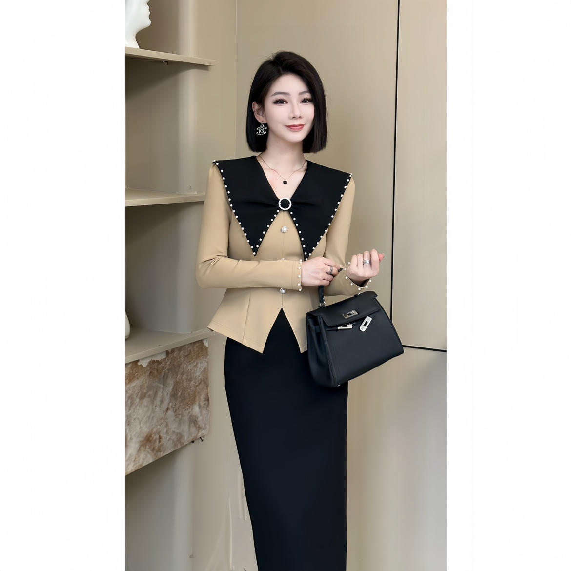 格娜原创新款气质钉珠海军领优雅显瘦轻奢春季女神范修身两件套裙