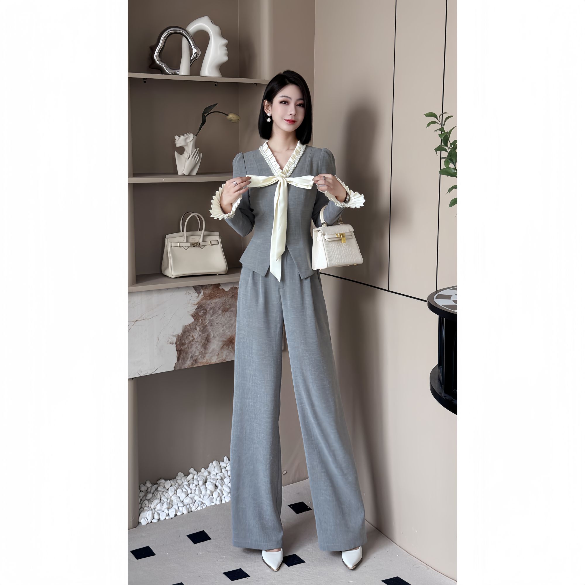 格娜【留洋小姐】秋季新款复古蝴蝶结拼接气质优雅两件套阔腿套装裤