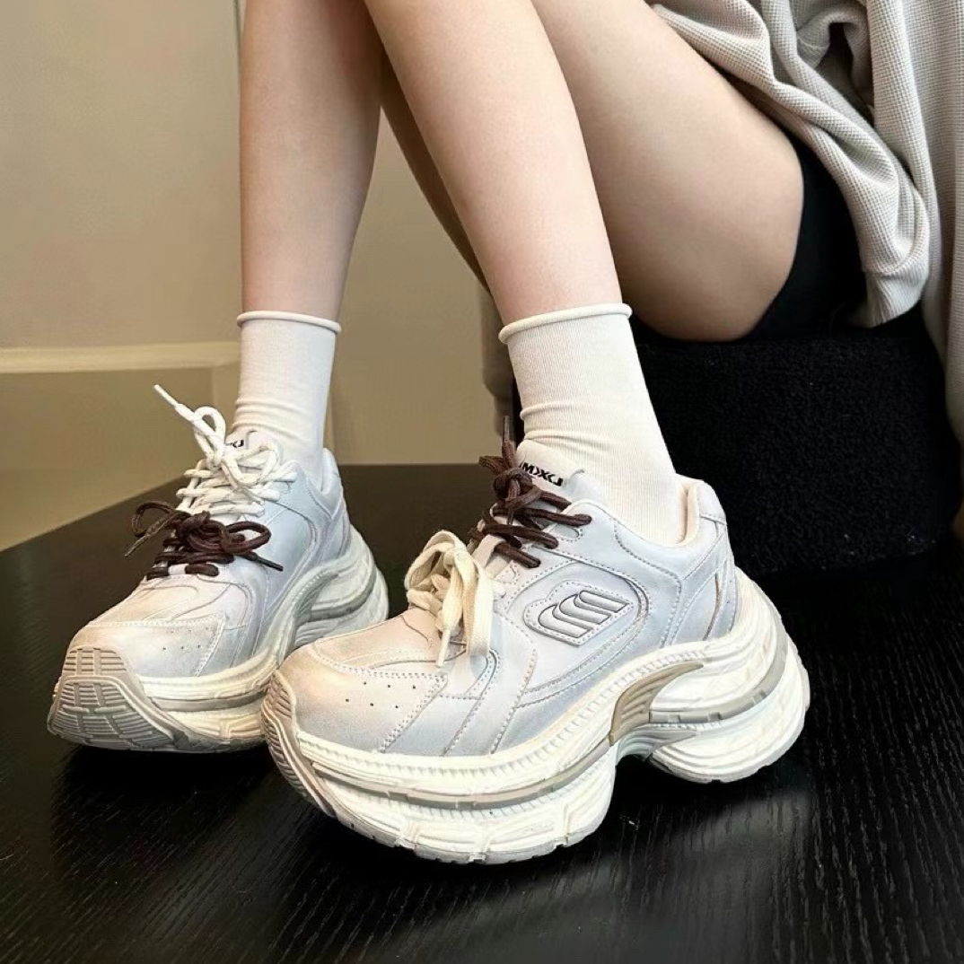 2024秋新款做旧双系带厚底增高6.5cm老爹鞋女休闲时尚鞋