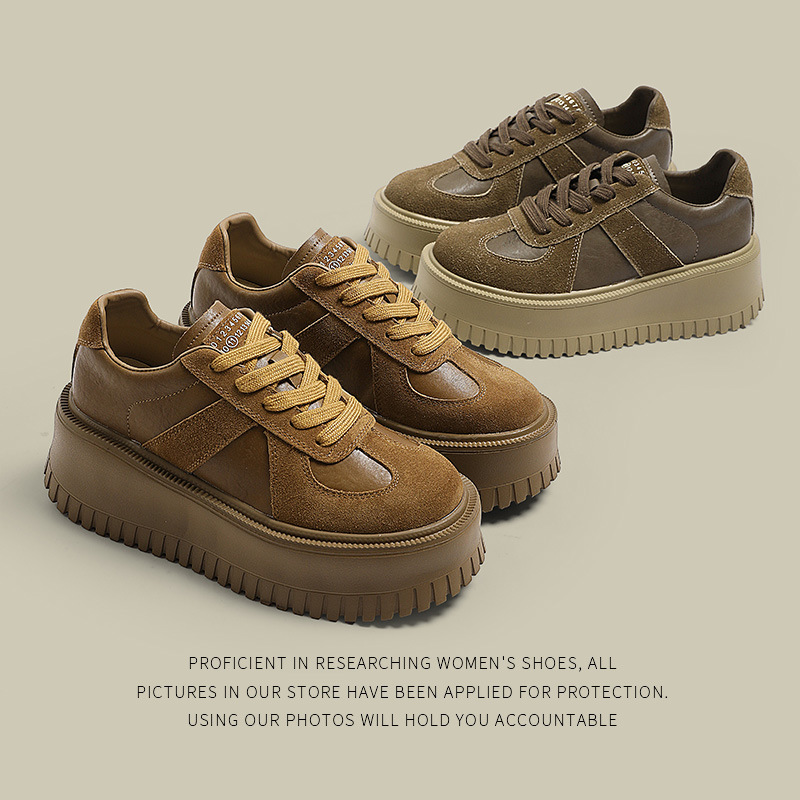 真皮厚底松糕鞋女2024新款秋季复古休闲运动德训鞋增高小个子板鞋