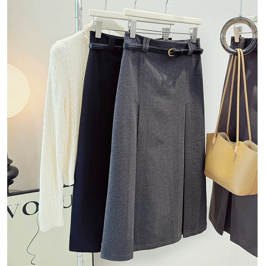 【毛呢百褶裙】82厘米腰带款显瘦a字半身裙中长款加厚直筒裙休闲裙