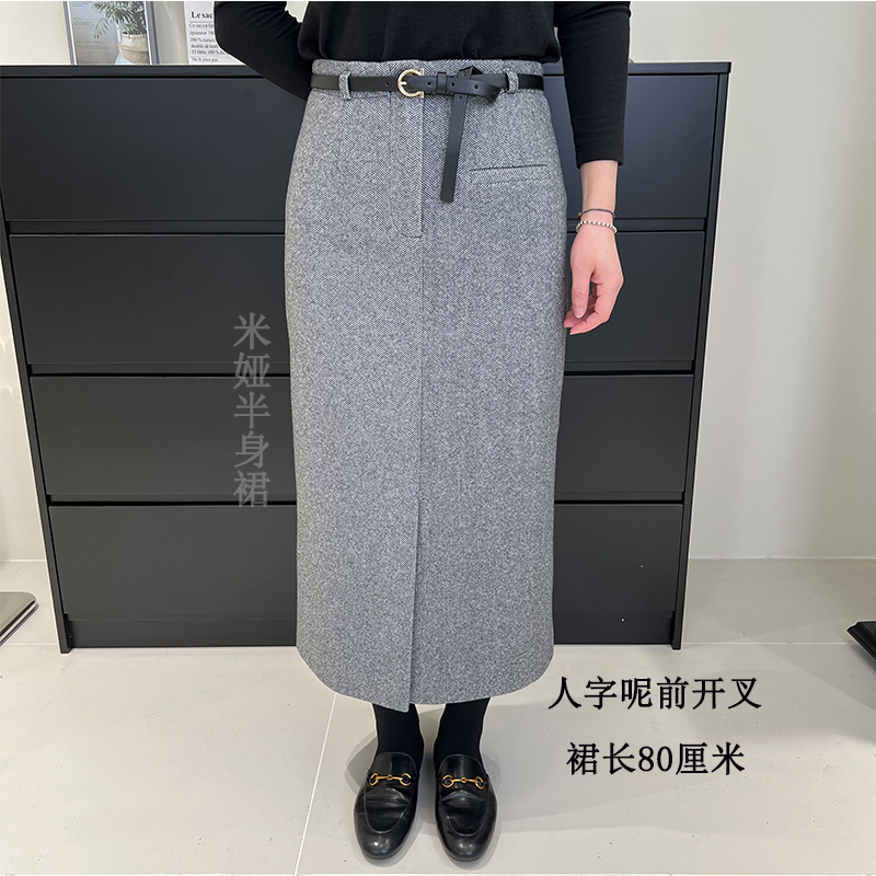 毛呢前开叉半身裙中长款秋冬复古人字纹直筒裙高腰格纹a字裙休闲