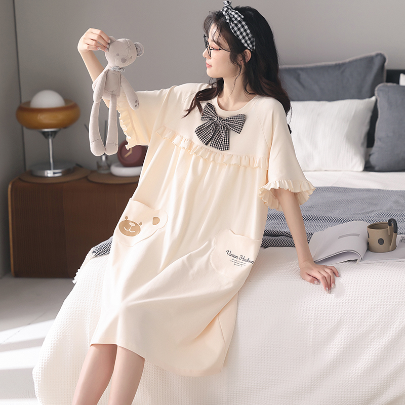100%纯棉睡裙女夏短袖全棉睡衣女薄款圆领卡通孕妇家居服宽松凉感