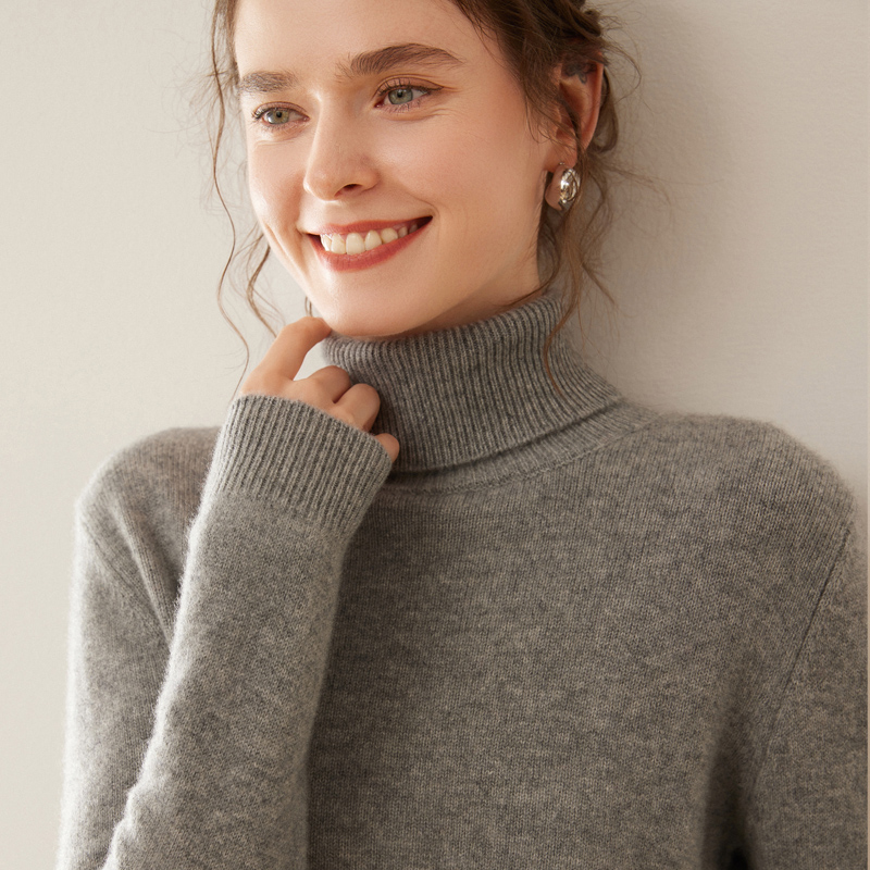 七针双股加厚正肩高翻领山羊绒女士高领毛衣