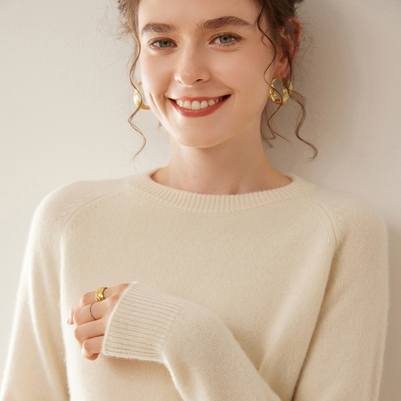 七针双股加厚经典插肩圆领女士山羊绒衫 宽松内搭百搭毛衣