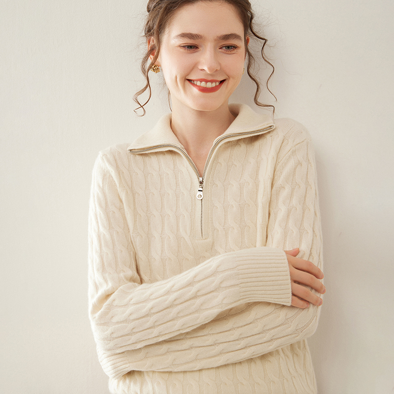 七针加厚立领麻花女士山羊绒半开拉链款