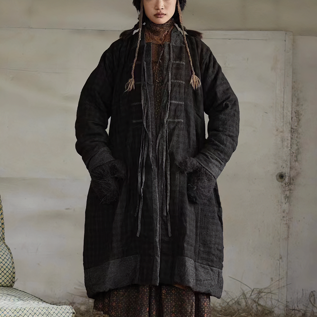 23FW5023连衣裙时尚百搭复古宽松中长款拼接做旧秋冬水洗条纹