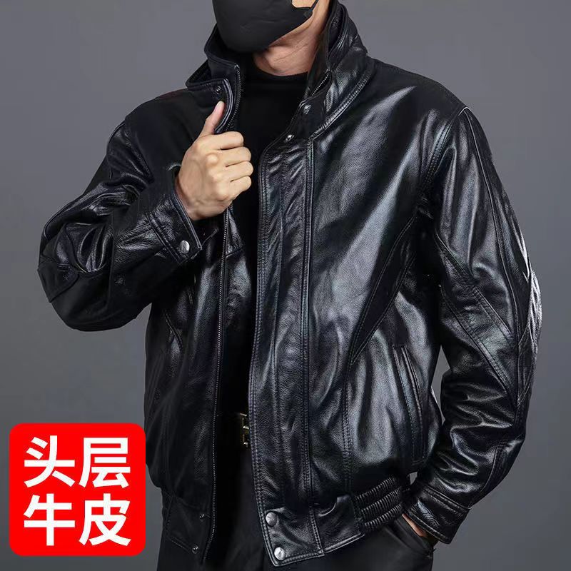 机车摩托车服头层牛皮皮衣立领真皮男式夹克加棉外套宽松秋冬季