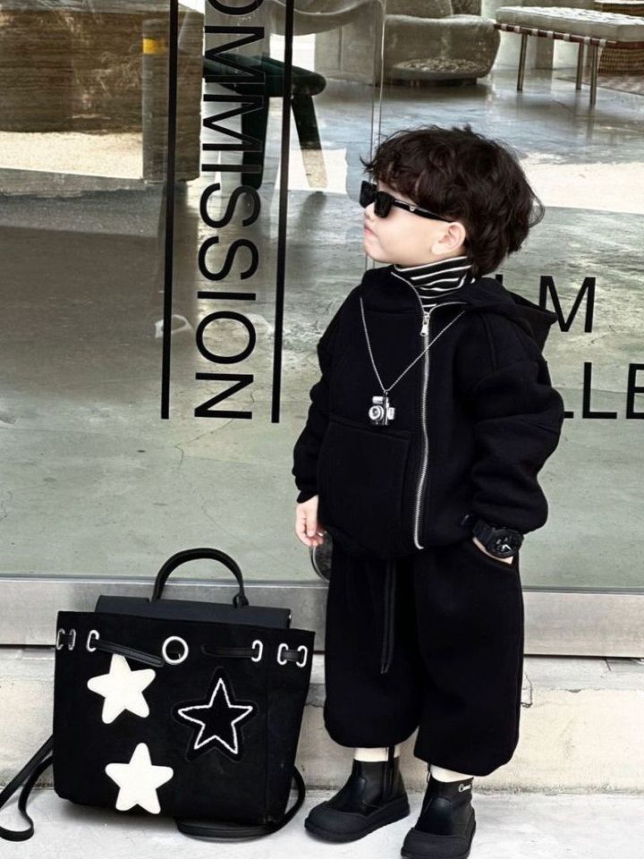 宝宝加绒加厚童装新款2023春夏季韩版儿童儿童色时尚简约两件套