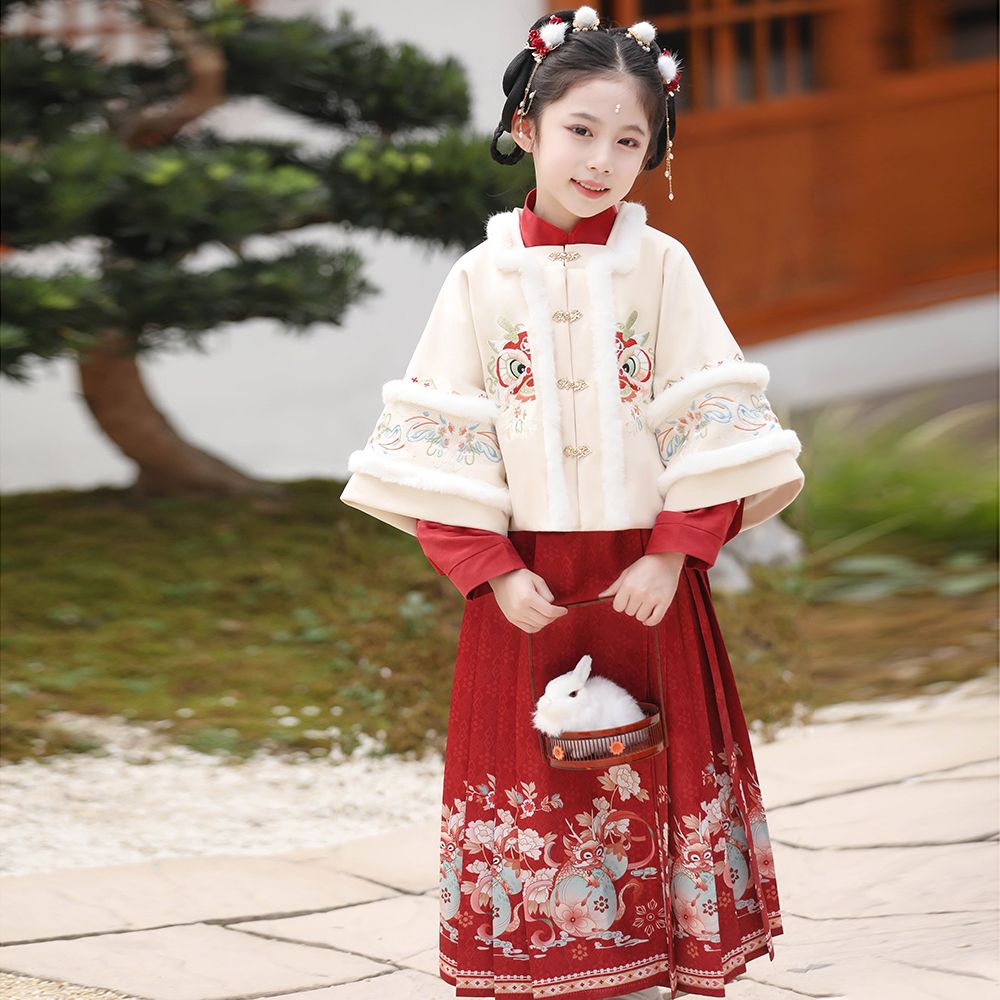 女童汉服2023新款冬季古装中国风加厚儿童套装马面裙新年拜年服装
