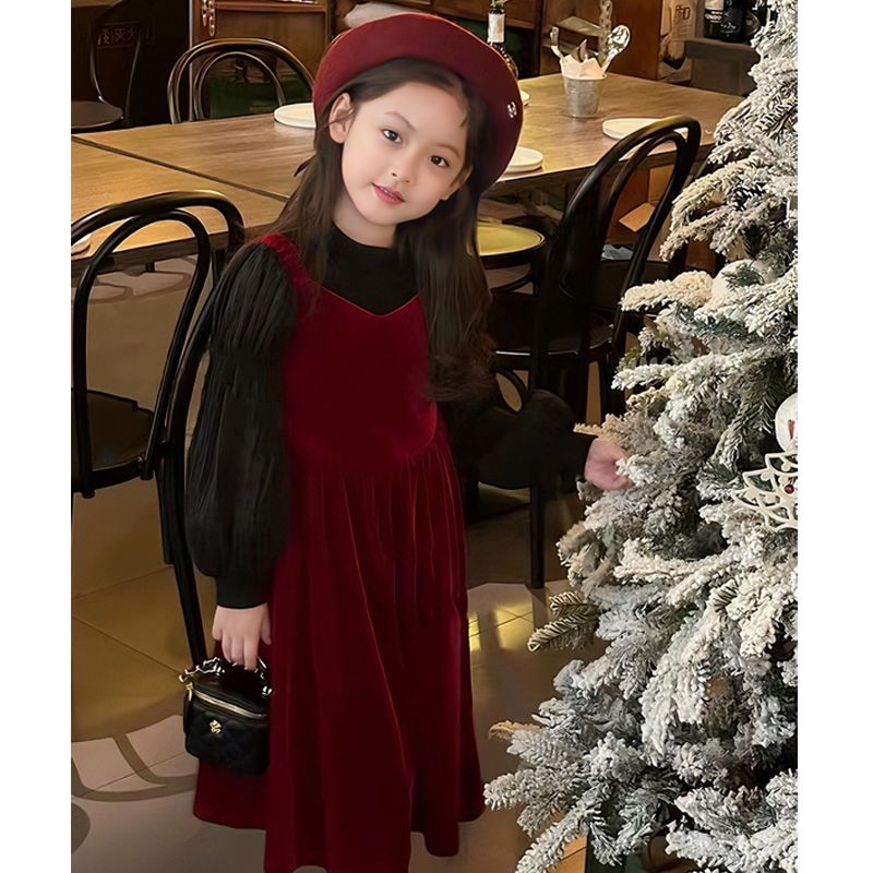 女童连衣裙冬季2023新款洋气儿童丝绒法式公主裙韩版女孩拜年礼服