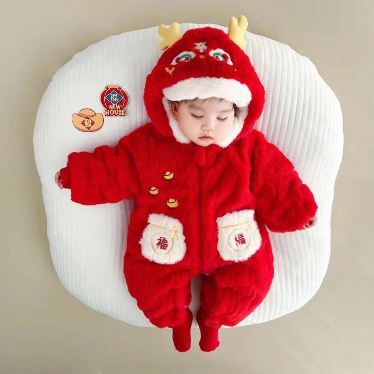 婴儿拜年喜庆冬季连体衣男女宝宝加绒加厚外出哈衣爬服百岁棉衣服