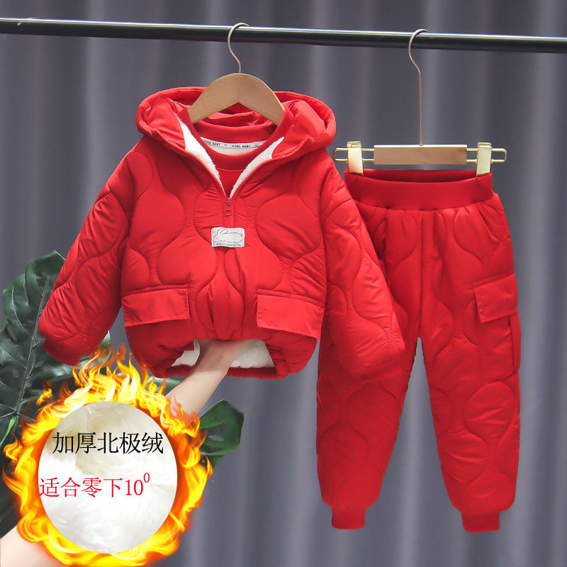 男女童冬季棉服两件套最新款加绒加厚保暖儿童家居服年服三件套潮