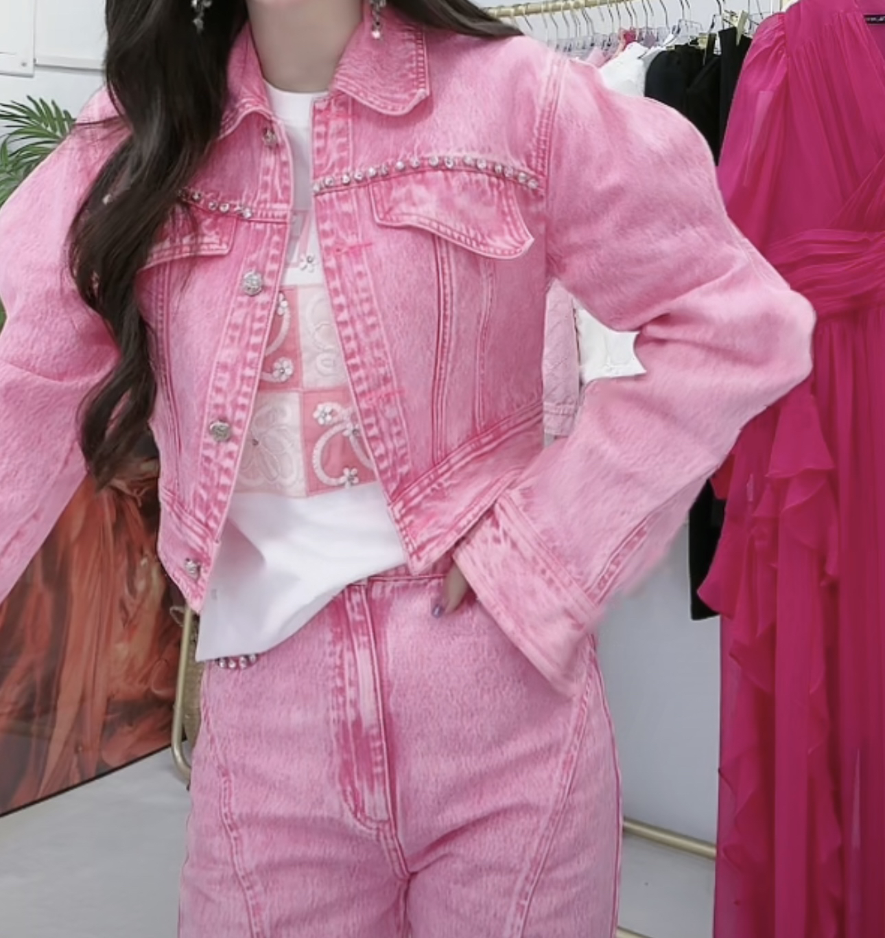 CW.MM 粉色订珠洋气减龄百搭牛仔外套