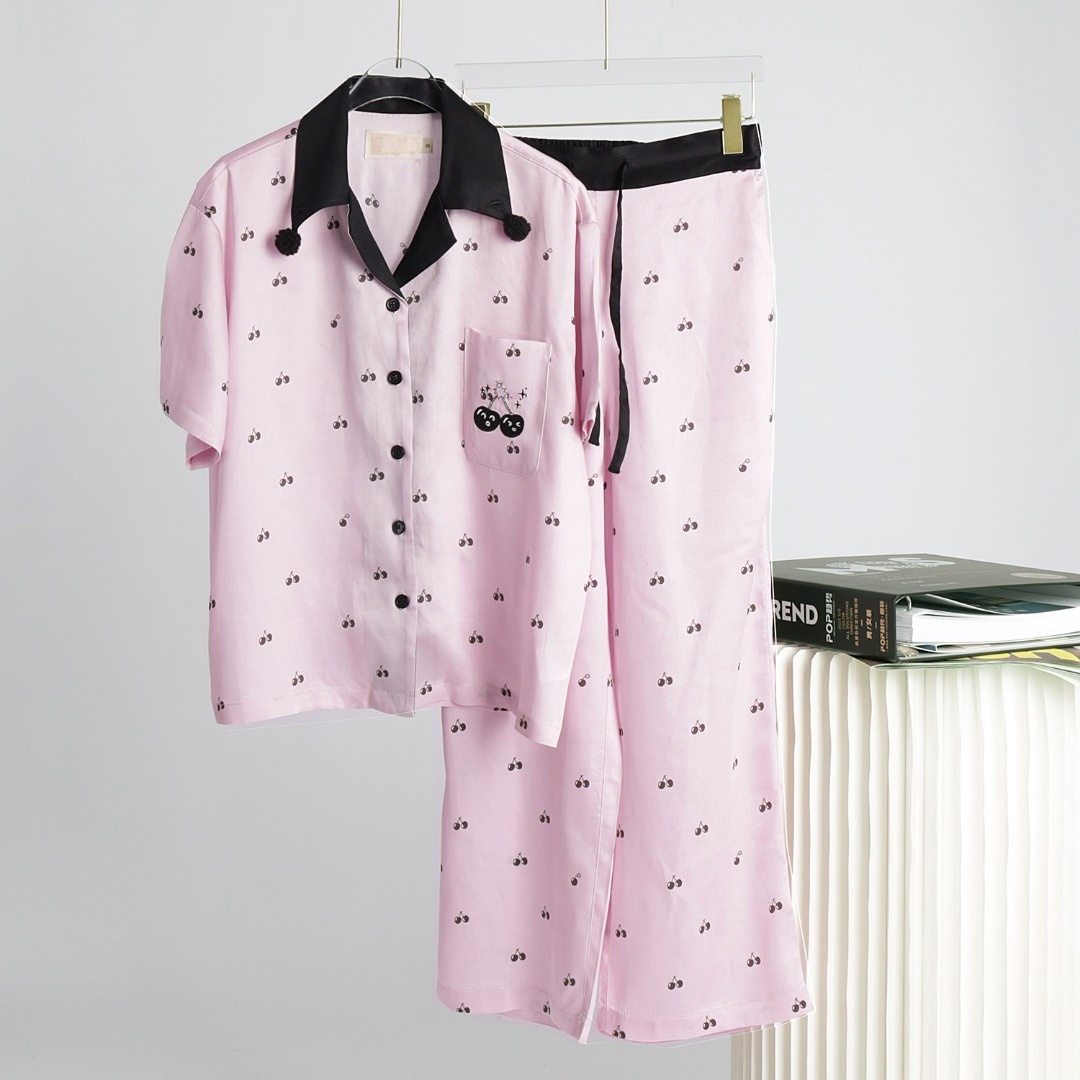 【野-SP】纯天丝短袖长裤爆炸樱桃家居服可外穿春夏睡衣女套装薄款