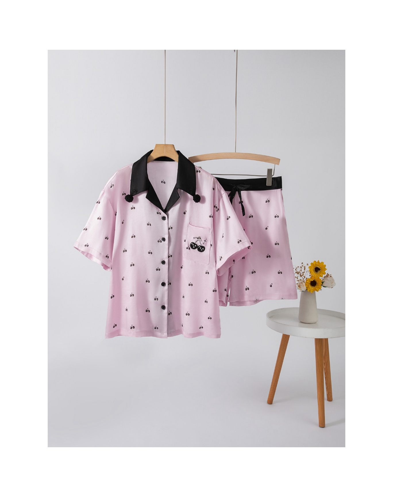 【野-SP】纯天丝短款爆炸樱桃家居服可外穿情侣春夏睡衣女套装薄款