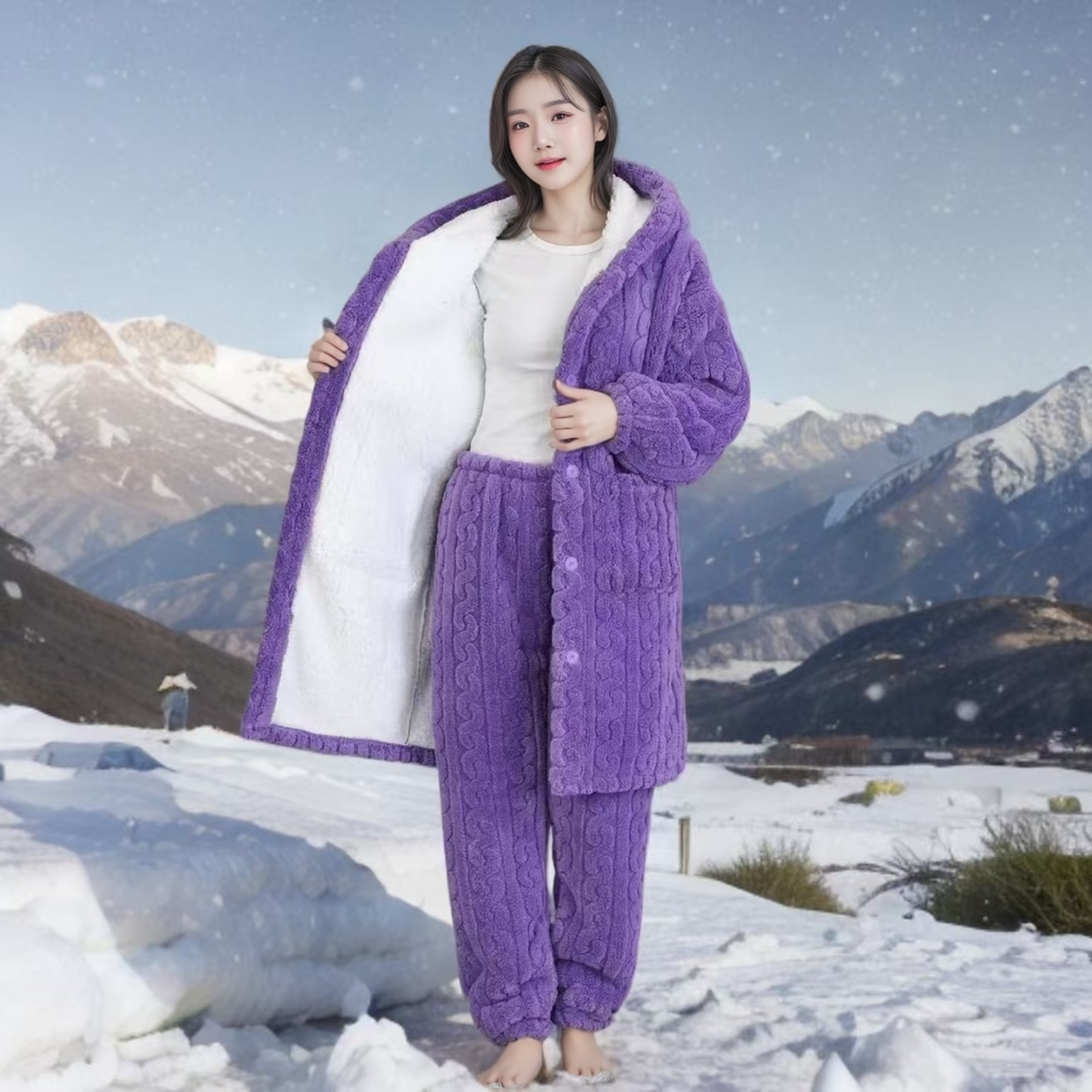 【零下15度】双层高端一体绒加绒连帽套装外穿居家睡衣家居服