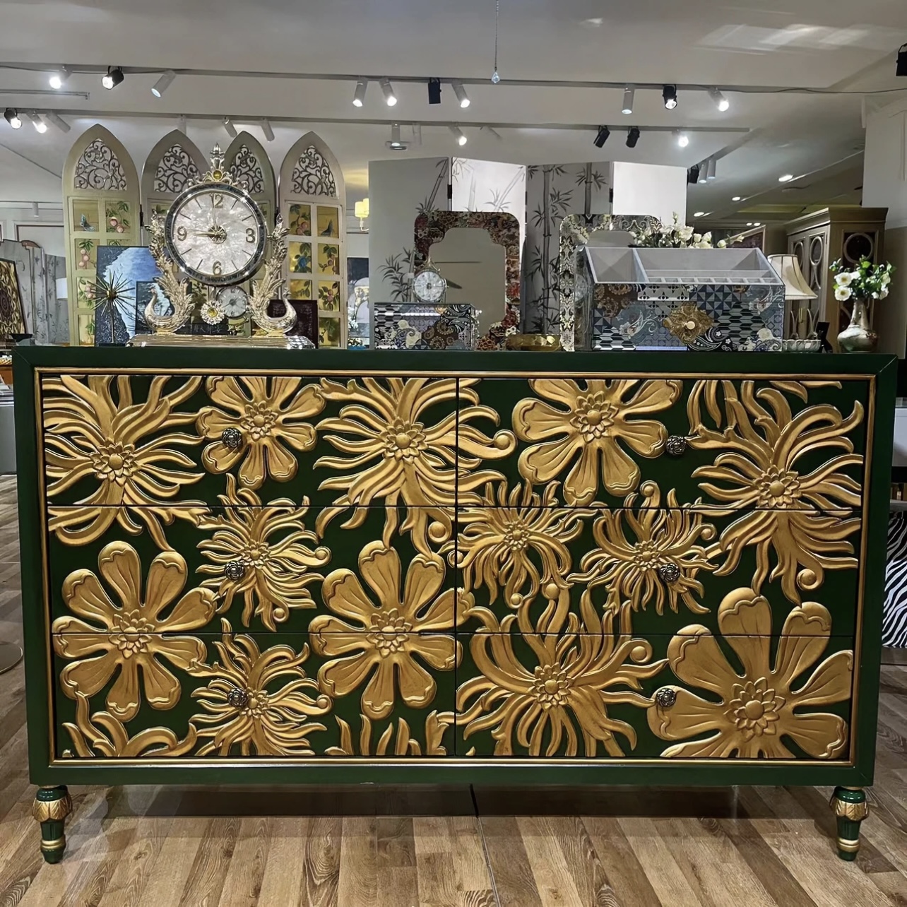 凤凰花美式轻奢雕花六斗柜复古隔断玄关边柜