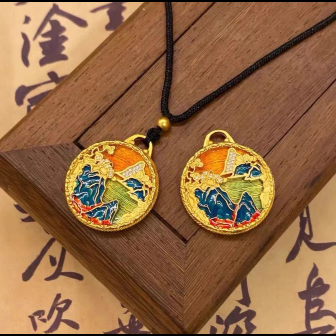 铜合金吊坠 江山美如画实心立体的古法精致珐琅烧蓝千里江山项链