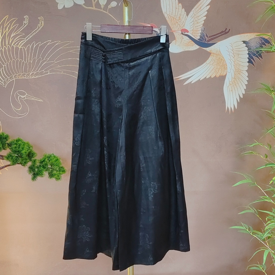 青娘子香云纱重缎提花新中式高腰时尚休闲宽松阔腿裤-50177