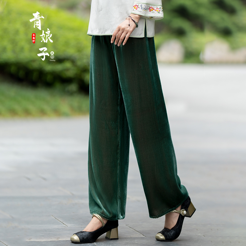 （幽素）双色丝绒时尚休闲秋冬保暖松紧中腰女士宽松直筒裤---50466