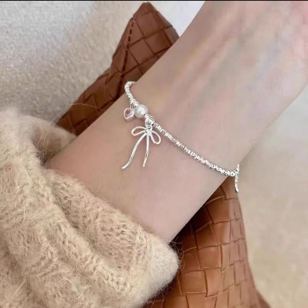 足银仿珍珠手链 足银990手链蝴蝶结项链手链设计轻奢小众气质
