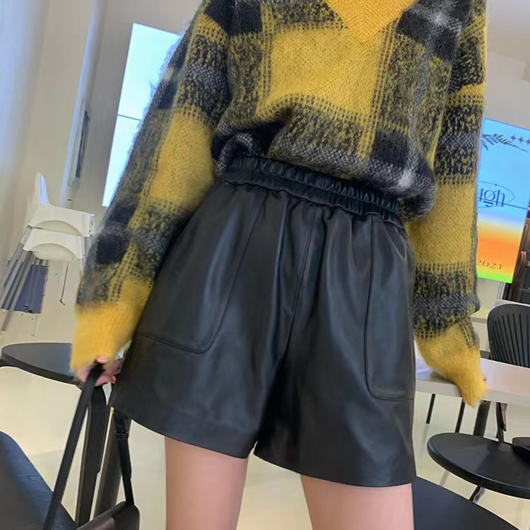 新款头层绵羊皮简约风A字高腰显瘦真皮短裤