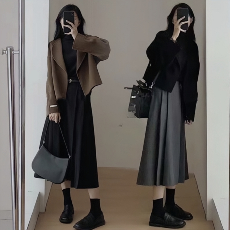 美拉德套装女秋冬大码微胖mm显瘦高级感呢子西装外套连衣裙两件套